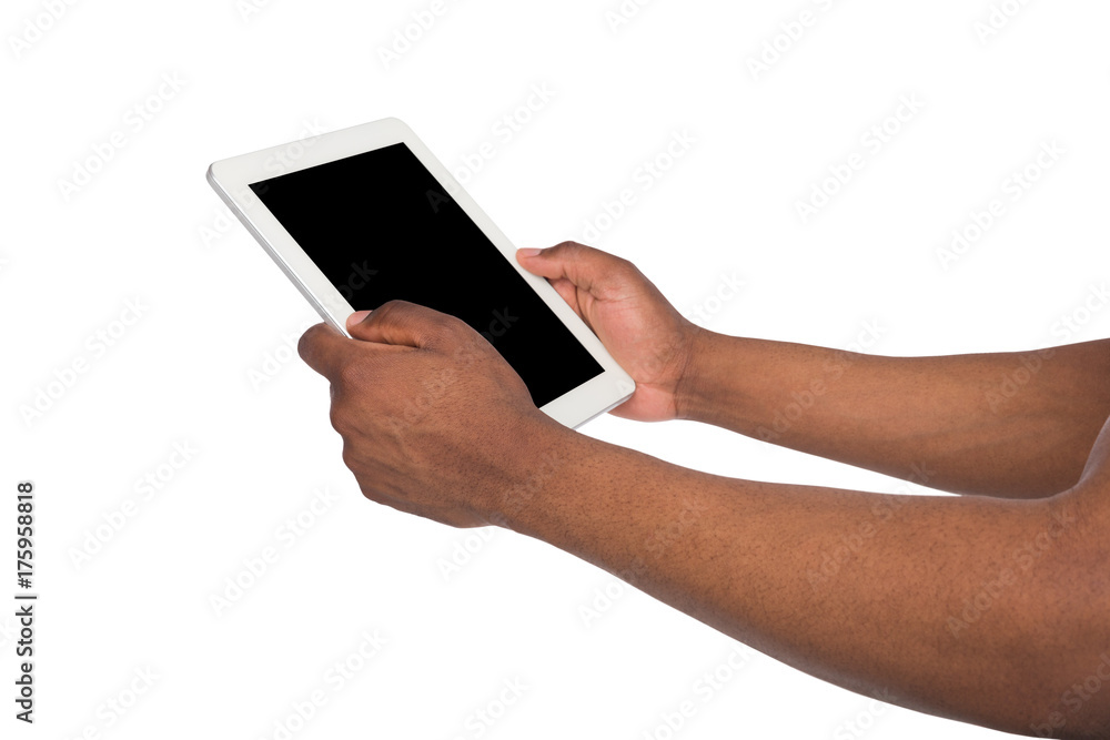 Black man hands holding tablet Black man hands holding tablet
