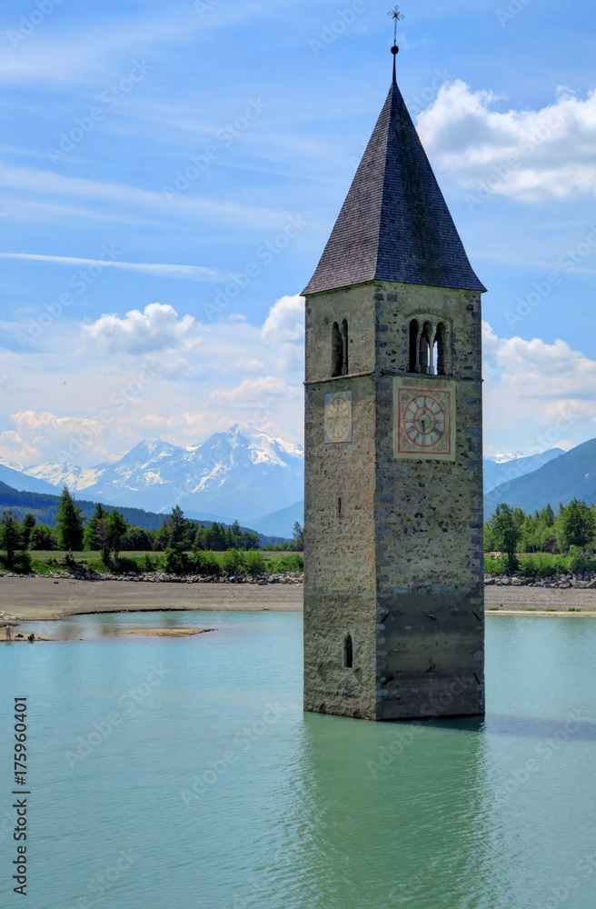 Underwater church tower in Reschensee Lake, Italy