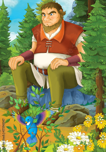Bild auf Leinwand cartoon scene with giant in the forest sitting on big rock - illustration for th
