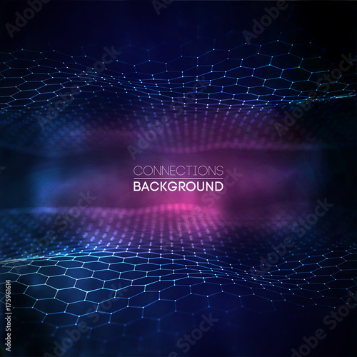 Network connection concept blue vector illustration. Futuristic hexagon perspective wide angle lanscape. Futuristic honeycomb concept. 3d landscape. Big data digital background.