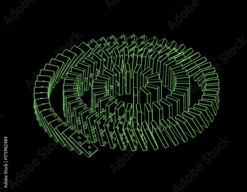Spiral of falling dominoes. Isolated on black background.