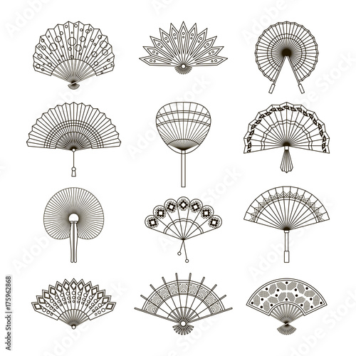 Hand paper fan vector icons. Chinese or japanese beautiful fans isolated. Monochrome japanese souvenir fans illustration. Line style