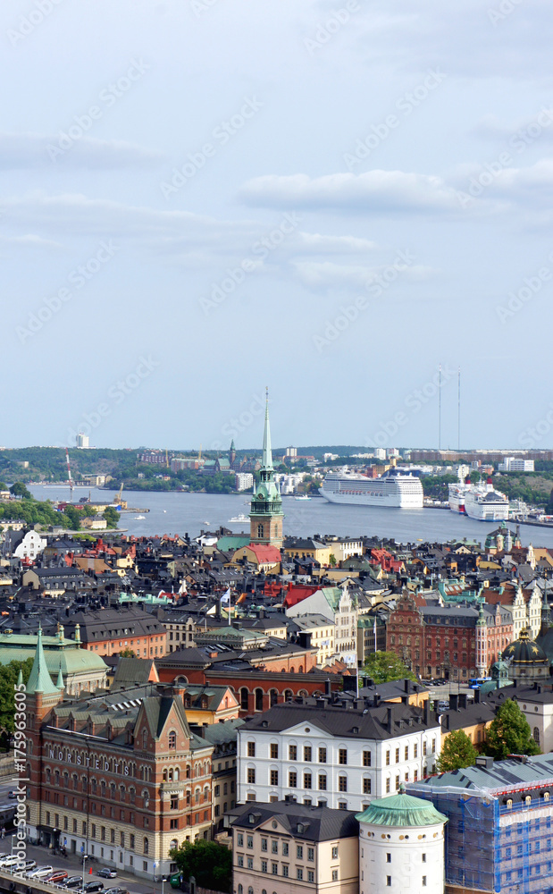 Aerial view of the church in Gamla Stan from the observation deck of Town Hall, Stockholm, Sweden