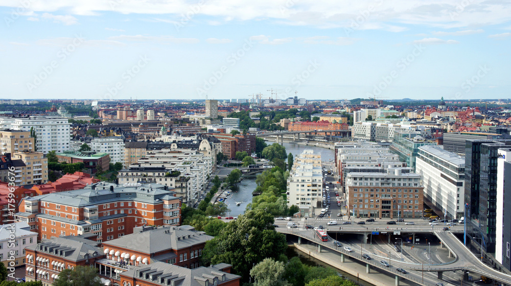 Aerial view of buildings and bridges, beautiful cityscape from the observation deck of Town Hall, Stockholm, Sweden