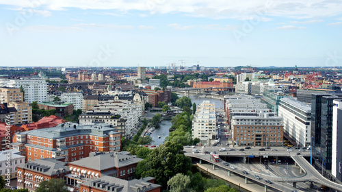 Aerial view of buildings and bridges, beautiful cityscape from the observation deck of Town Hall, Stockholm, Sweden