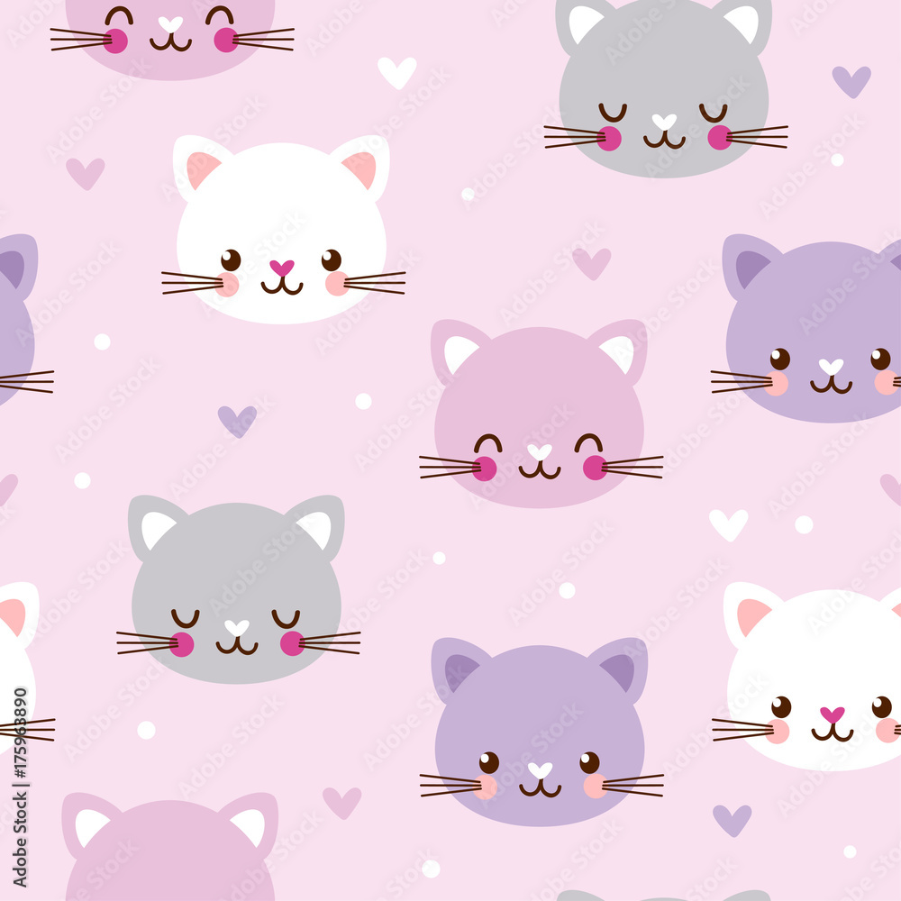 Vector seamless pattern with faces of cats on pink background. Vector seamless pattern with faces of cats on pink background.
