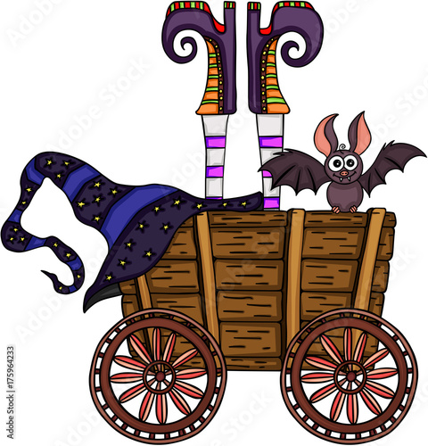 Witch upside down in a wooden trolley