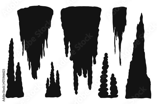 stalactites cave silhouette. stone blocks growths vector isolated set