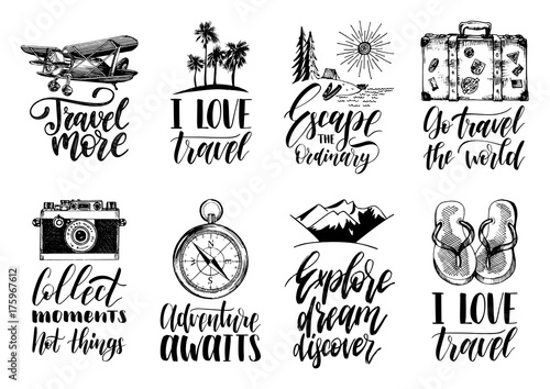 Vector set of hand lettering with phrases about traveling and sketches of touristic symbols.