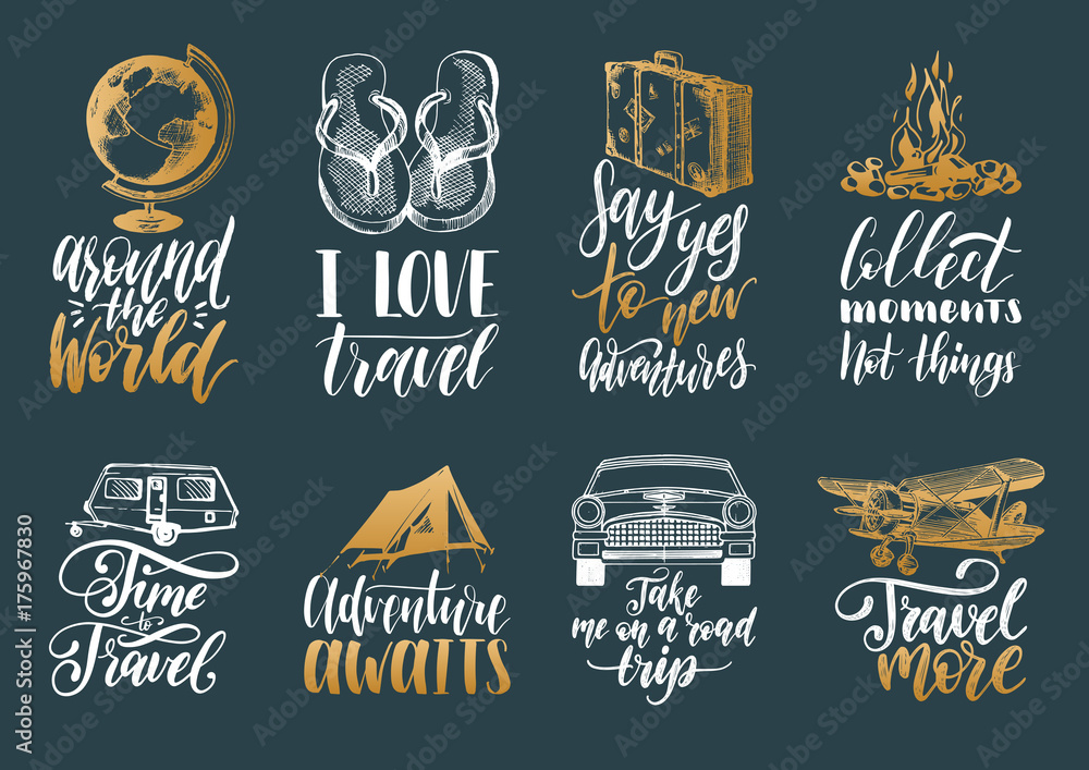 Fototapeta premium Vector set of hand lettering with phrases about traveling and sketches of touristic symbols.