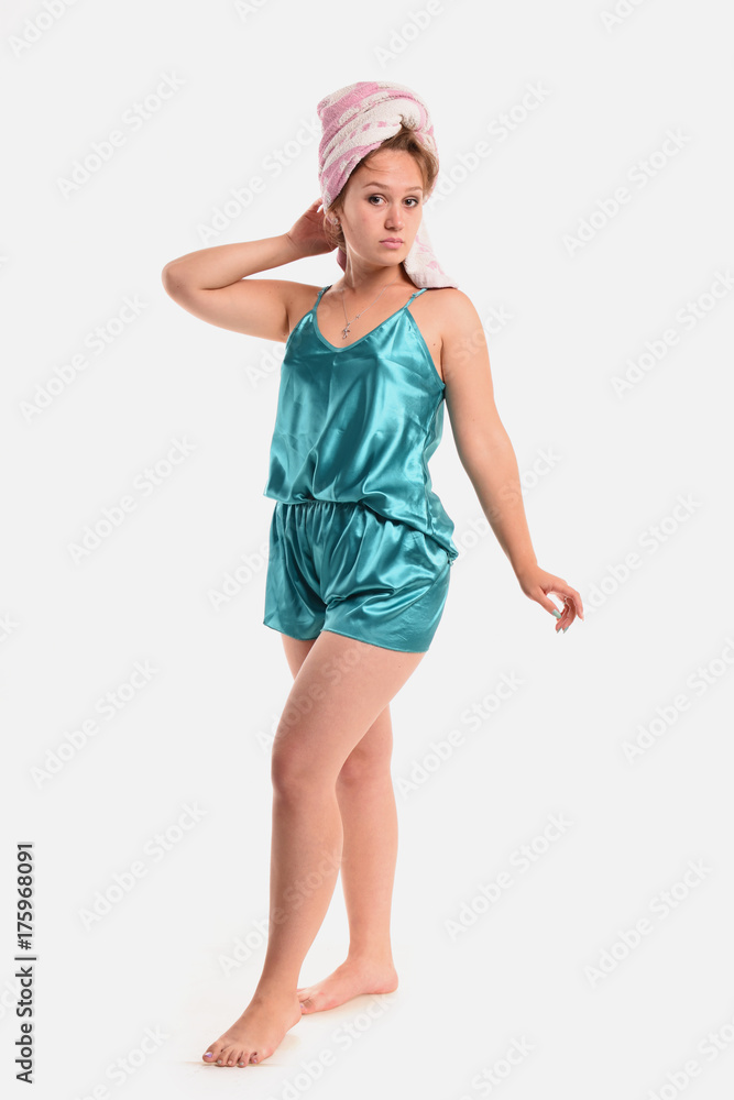 Female model dressed in blue pajamas Female model dressed in blue pajamas