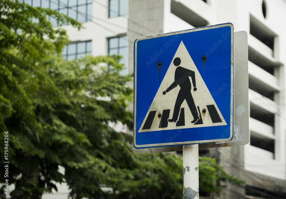 pedestrian crossing sign on street in the city