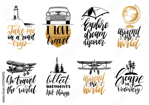 Vector set of hand lettering with phrases about traveling and sketches of touristic symbols.