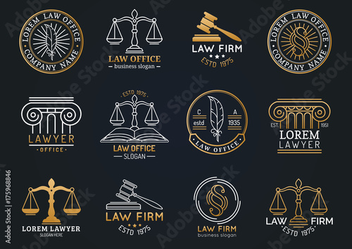 Law office symbols set with scales of justice, gavel etc illustrations. Vector attorney, advocate labels etc.