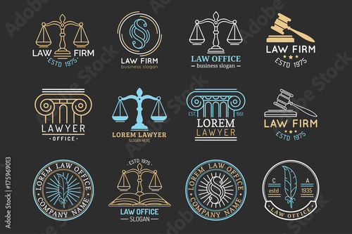 Law office symbols set with scales of justice, gavel etc illustrations. Vector attorney, advocate labels etc.