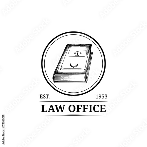 Law office symbol with code illustration. Vector attorney, advocate label, juridical firm badge. Act, legal icon design.