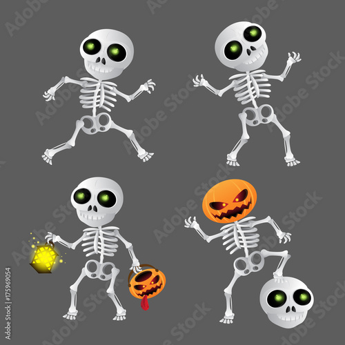 Happy cartoon skeleton set. Vector illustration to Happy Halloween on grey background