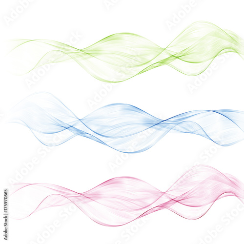 Wavy,transparent waves of smoke on a white background.Set