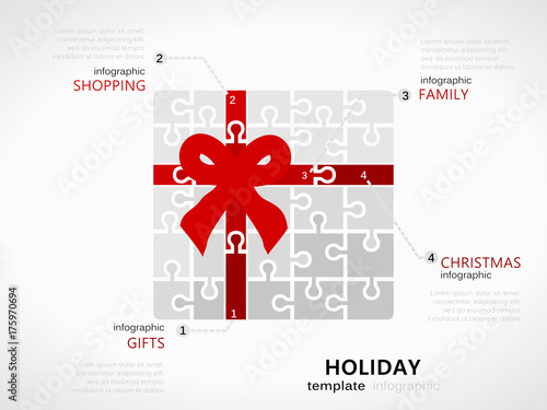 Christmas holiday infographic template with white gift box and red ribbon symbol made out of jigsaw pieces