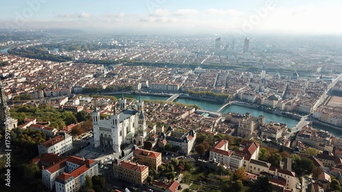 Aerial Helicopter View Lyon France including Rivers Church and Tower 