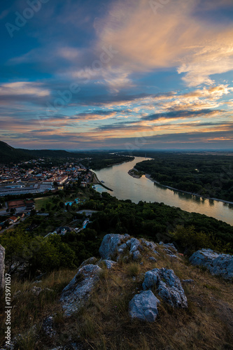 View of a small town along the Danube river after sunset, Hainburg der donau, Austria, Europe