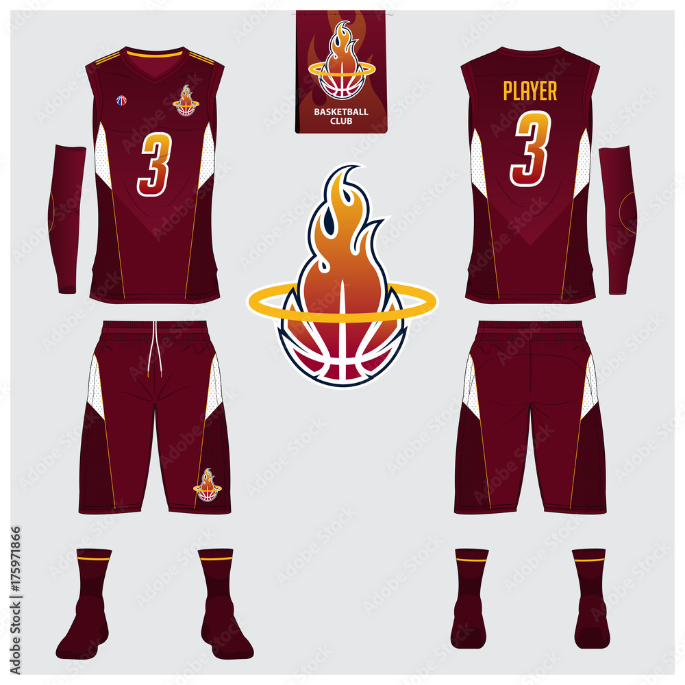 Naklejka premium Koszulka do koszykówki, spodenki, skarpetki szablon dla klubu koszykówki. Mundur sportowy z widokiem z przodu iz tyłu. Makieta koszulki bez rękawów z płaskim logo koszykówki na etykiecie. Ilustracji wektorowych.