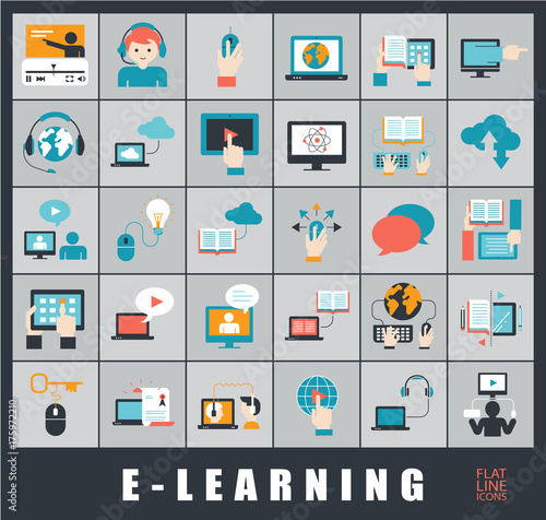 Collection of e-learning icons. Collection of e-learning icons. Icons of distance learning, cloud computing, online learning and e book.