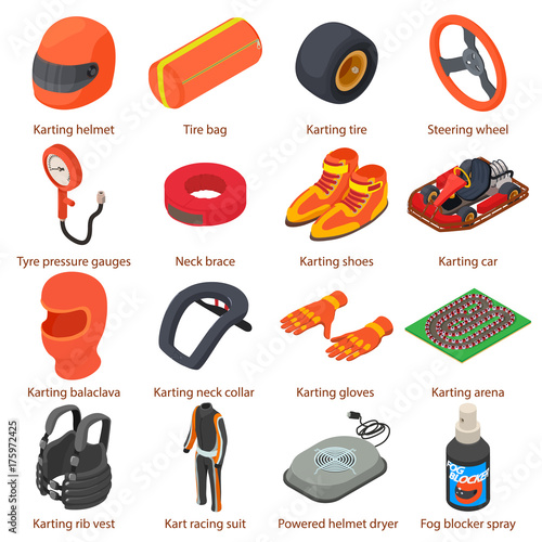 Karting equipment icons set, isometric style