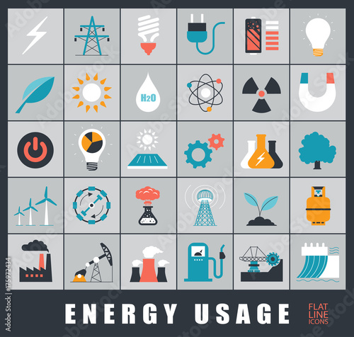 Set of energy icons. 
Various energy sources. Various kinds of energies for use in industry and everyday life. Solar energy, bio alternative, fuel, electricity, nuclear, wind power, gas. 