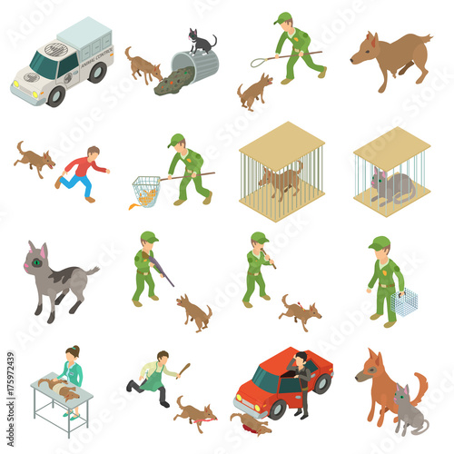 Stray animals icons set, isometric style
