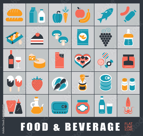 Collection of food and beverage icons. 
Set of food stuffs. Vector illustration.
