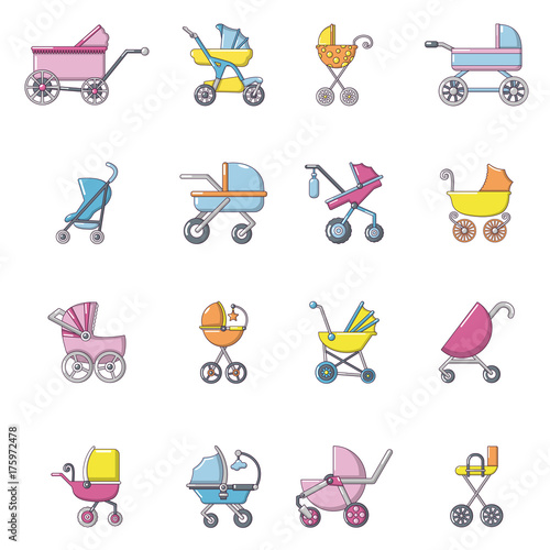 Baby carriage icons set, cartoon style