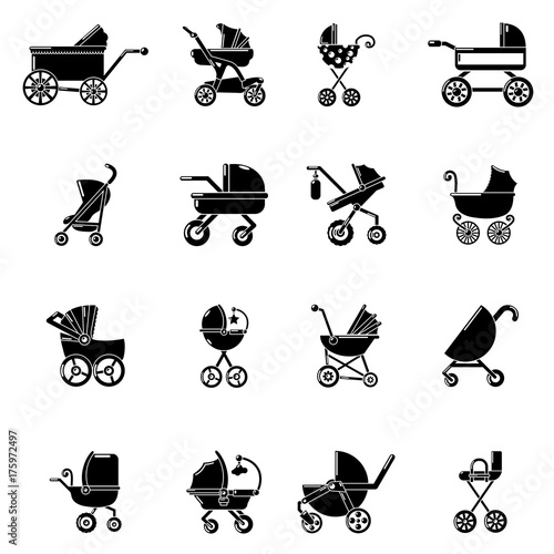 Baby carriage icons set, simple style