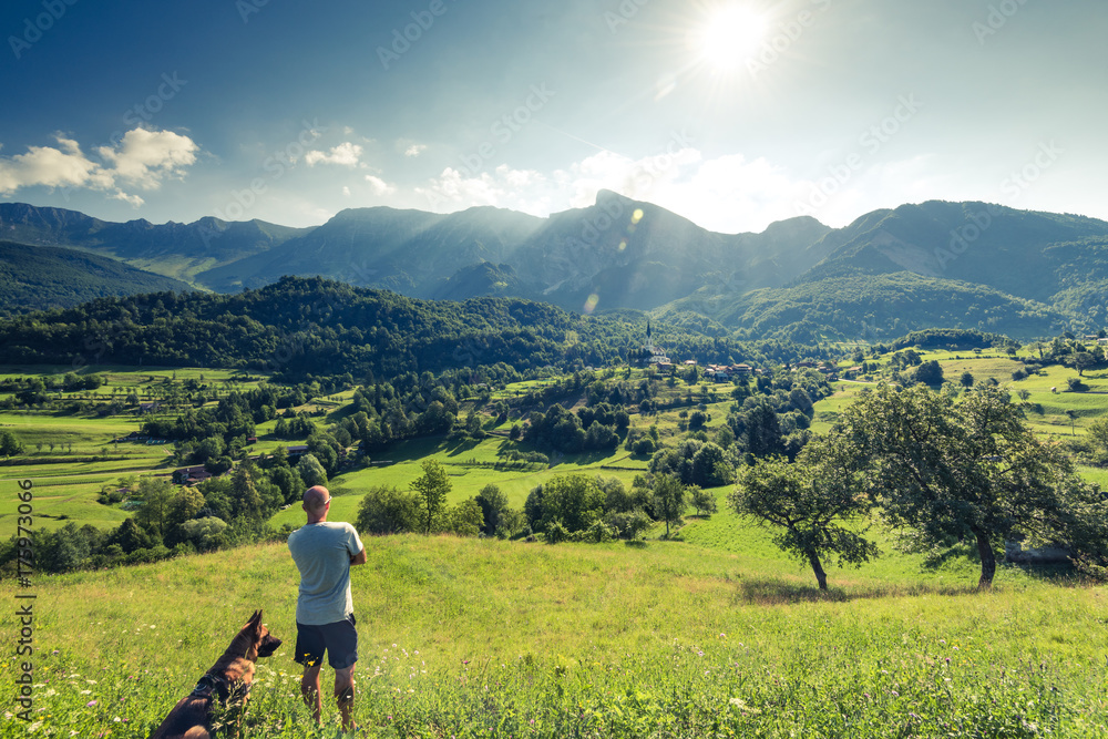 Couple travellers in Slovenia Alps mountains