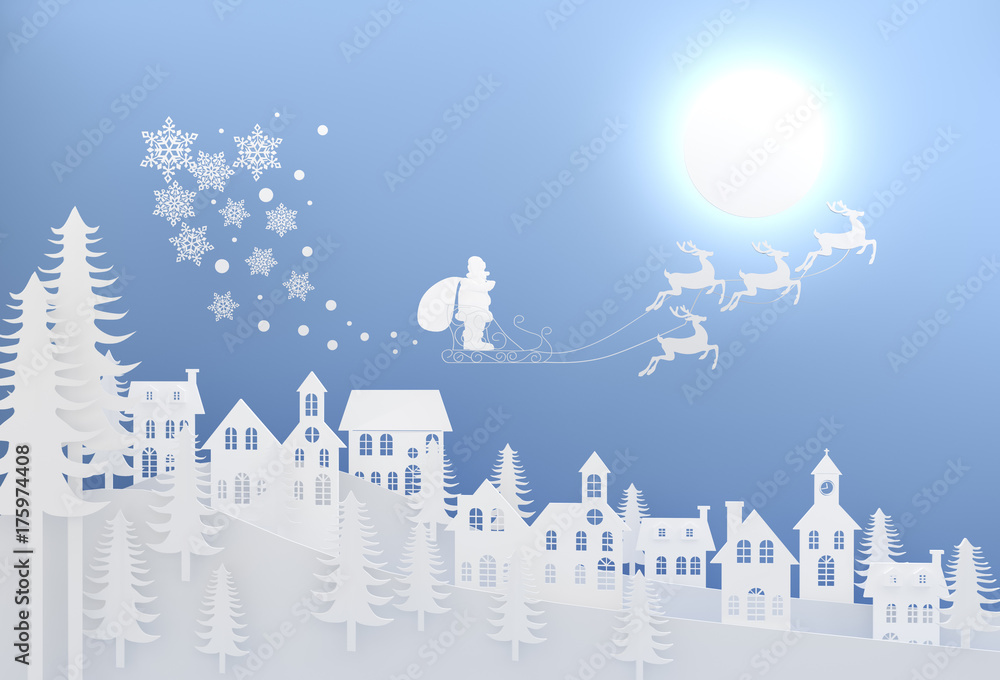 Merry Christmas and Happy New Year Typographical on shiny Xmas background. Winter Snow Urban Countryside Landscape City Village with full moon.