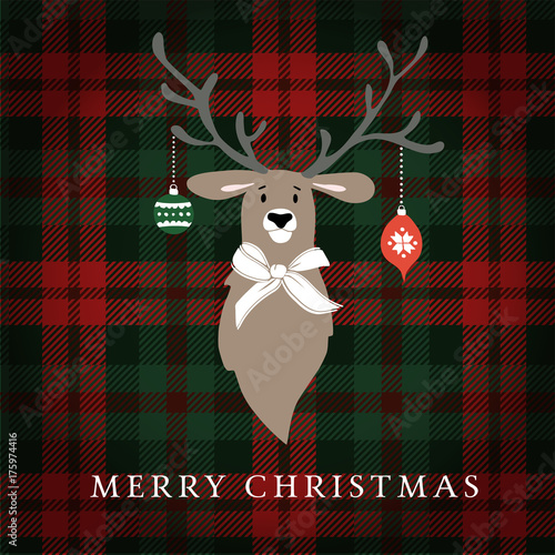Merry Christmas greeting card, invitation. Reindeer with Christmas baubles and ribbon. Tartan checkered plaid, vector illustration background.