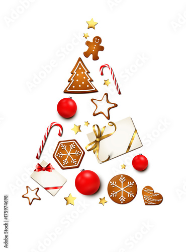 Weihnachtsbaum - Silhouette mit Lebkuchen, Geschenke, Zuckerstangen und Weihnachtsschmuck
