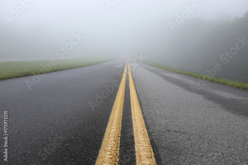 Fog shrouded roadway from low angle view