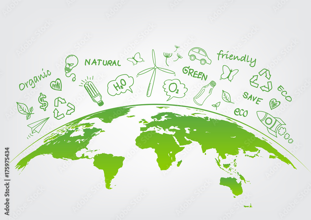 World environment and sustainable development concept with ecology doodle icons, vector illustration - obrazy, fototapety, plakaty 