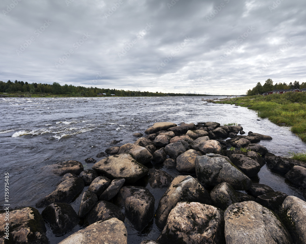 Late summer landscape. Torne river, Kukkolaforsen, Sweden