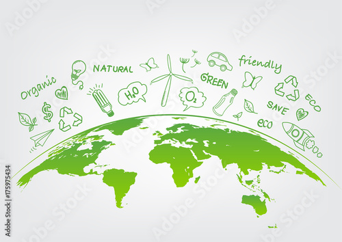 World environment and sustainable development concept with ecology doodle icons, vector illustration