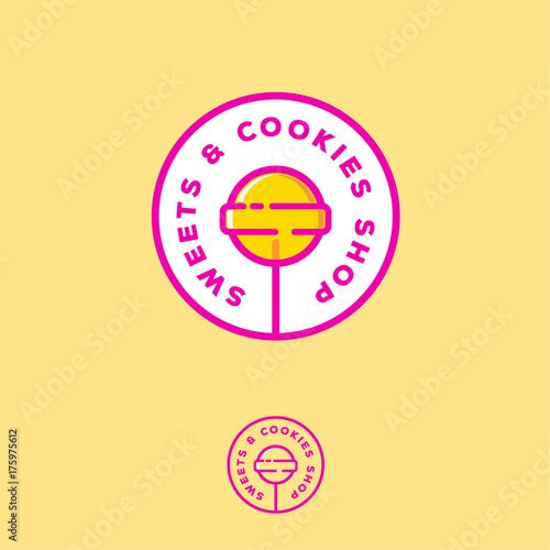Sweets and cookies shop logo. Sweets store emblem. Candy on a stick in a circle with letters.
