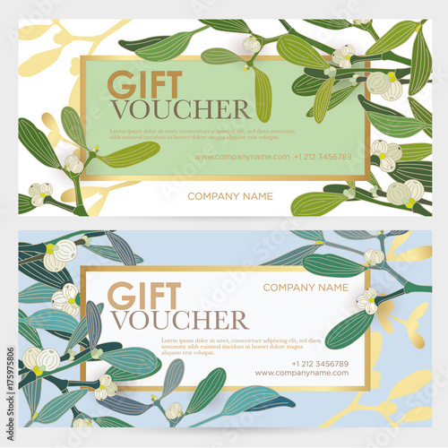 Gift coupon with floral decoration. Gift voucher with the branches of the mistletoe. Vector layout for gift card, coupon and certificate for a spa, beauty salon, shops, cosmetics and restaurants