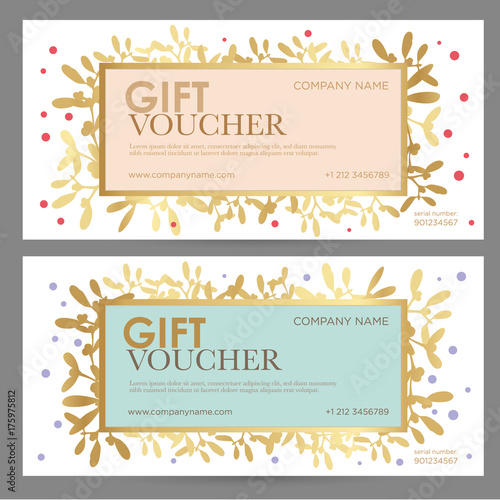 Gift voucher with abstract gold decor. Festive gift coupon of pastel colors. Vector layout for gift card, coupon and certificate for a spa, beauty salon, shops, cosmetics and restaurants
