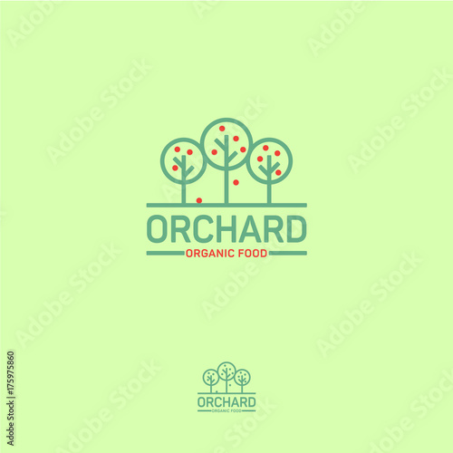 Orchard icon. Organic food logo. Fresh fruit emblem. Three fruit trees on a light background.