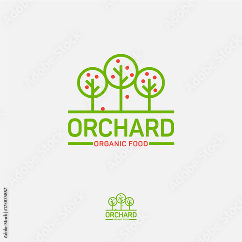 Orchard icon. Organic food logo. Fresh fruit emblem. Three fruit trees on a light background.