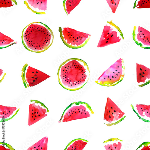 Fototapeta Naklejka Na Ścianę i Meble -  Summer  theme. Watercolor watermelon seamless pattern. Hand drawn. 