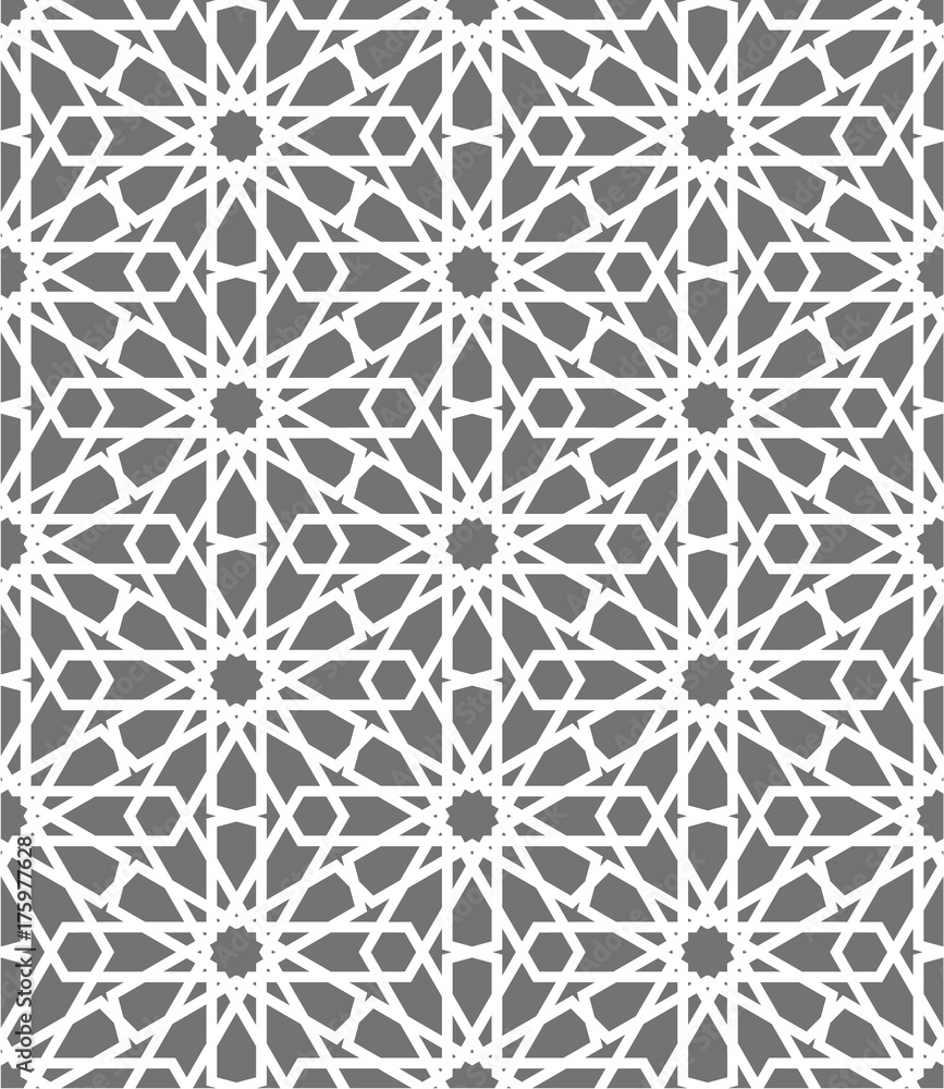 Islamic seamless vector pattern. White Geometric ornaments based on traditional arabic art. Oriental muslim mosaic. Turkish, Arabian, Moroccan design on a dark background. Mosque decoration element