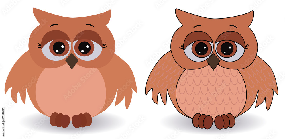 Fototapeta premium Two sad pink owls with surprised eyes and splayed wings, with a pattern on the sternum and wings