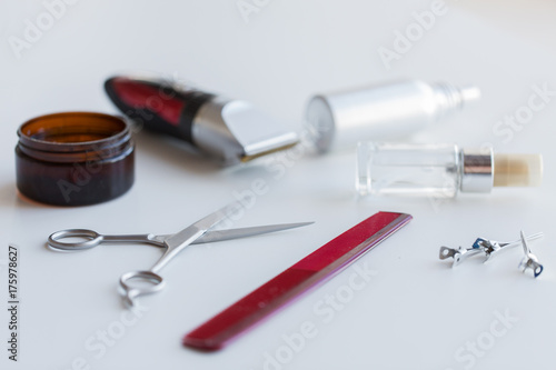 Obraz na plátně styling hair spray, trimmer and scissors